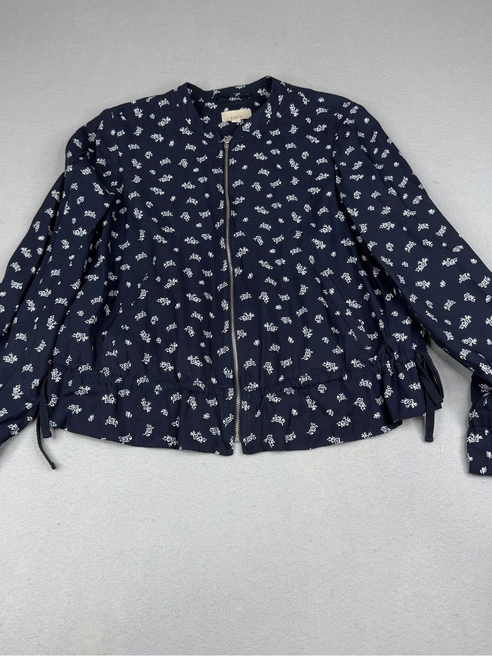 LOFT Navy Floral Zip Front Peplum Jacket Blouse Tie Waist Lined Medium
